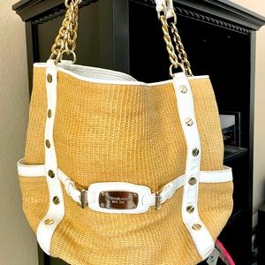 Michael Kors Large Chain Shoulder Straw Tote Bag
